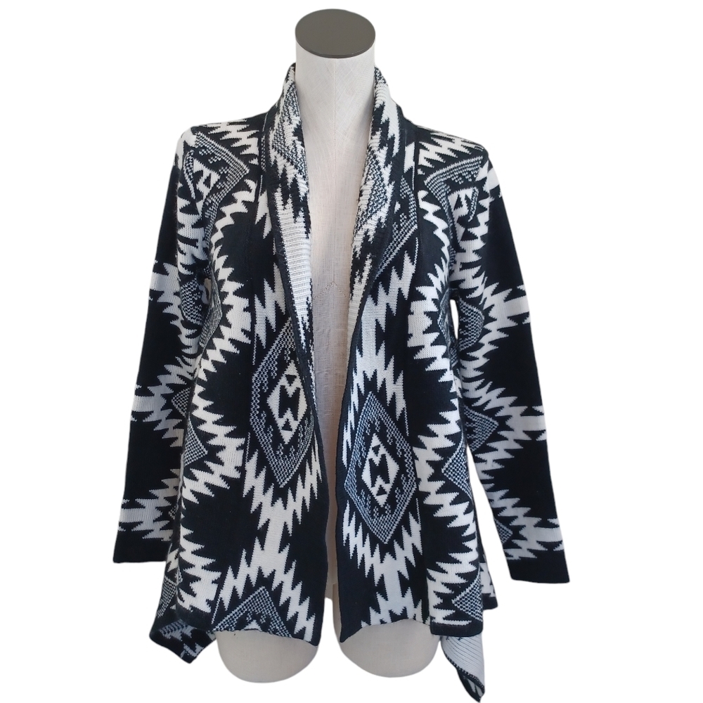 Tempo Paris Cardigan Sweater Black White Thick Knit Open Front Womens Small